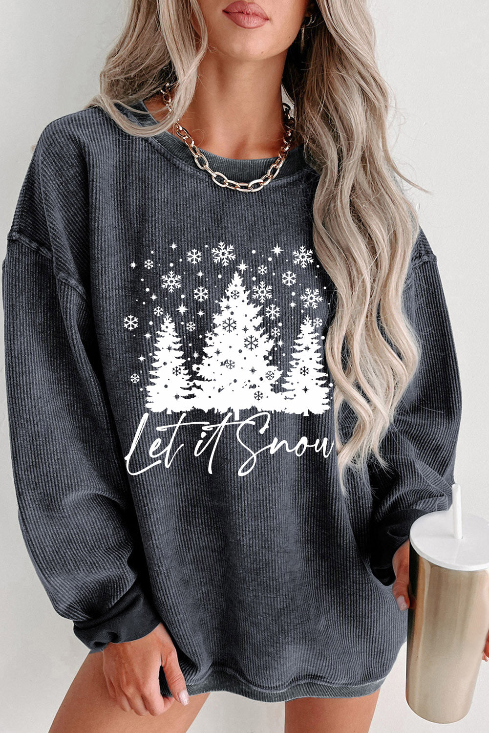 Black Plus Size Corded Round Neck Sweatshirt