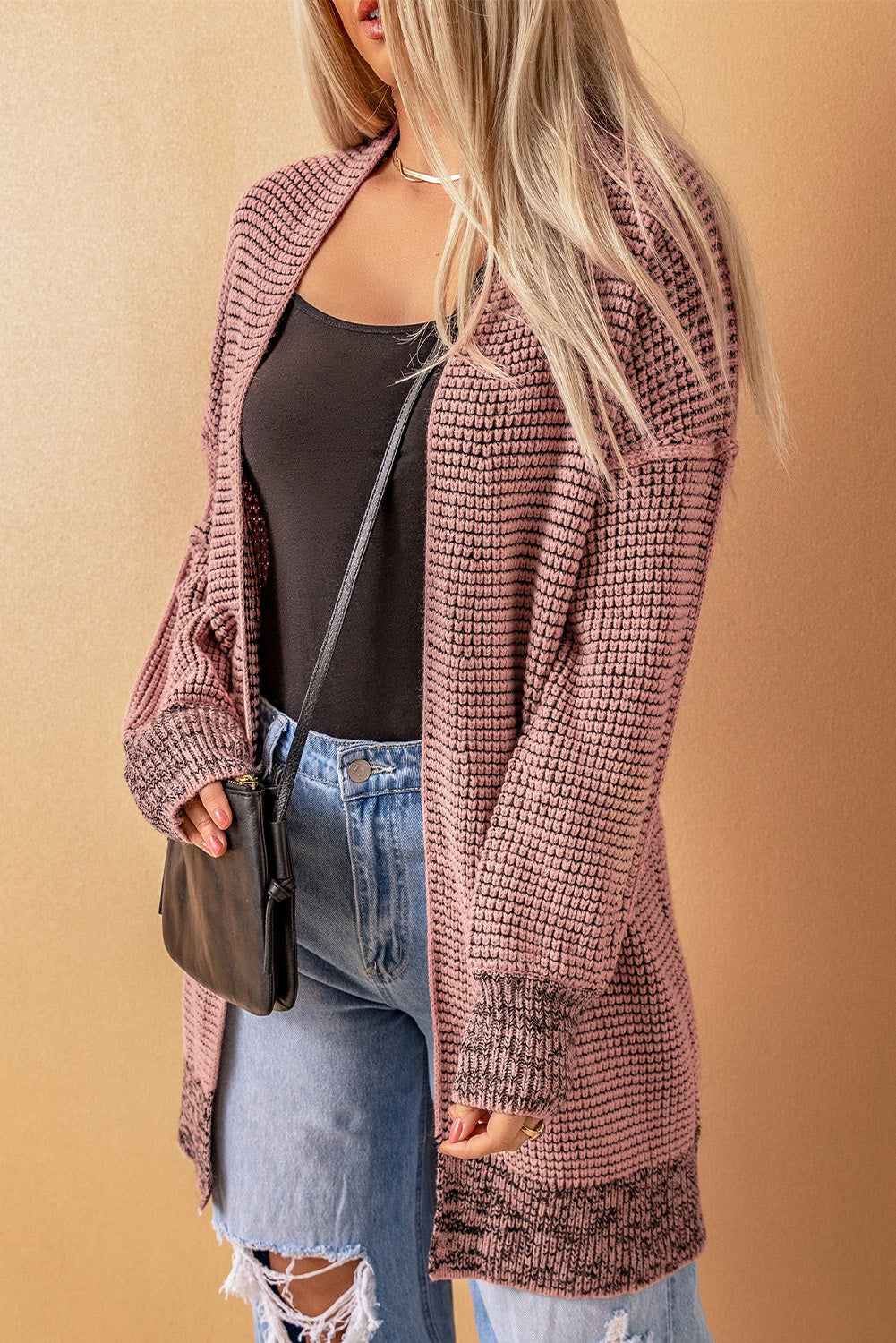 Apricot Chunky Waffle Knit Oversized Collar Cardigan