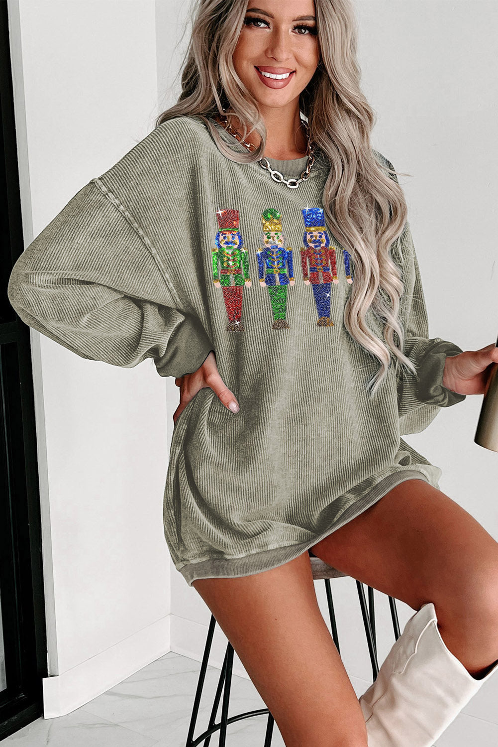Black Plus Size Corded Round Neck Sweatshirt