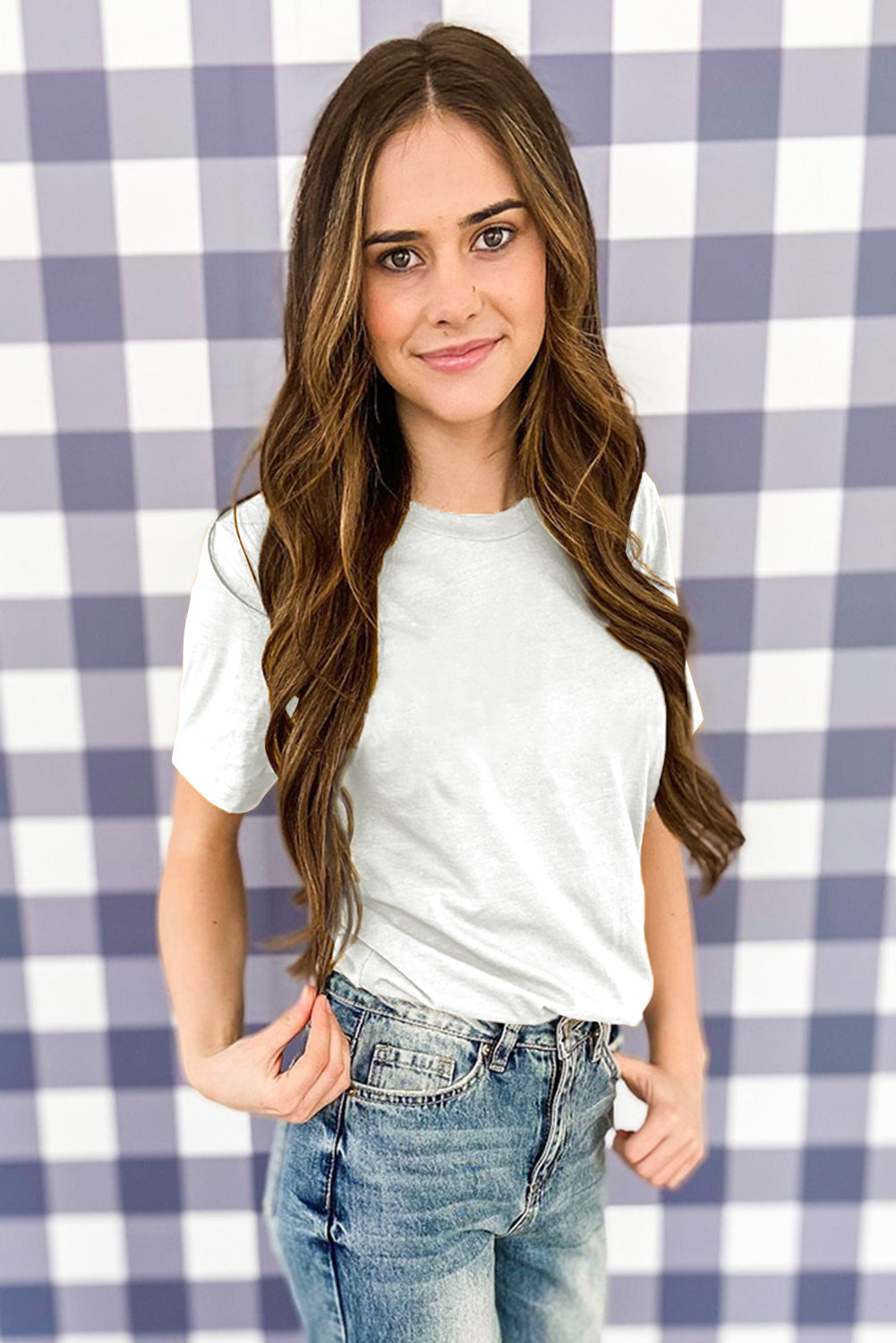 White Round Neck Rolled Sleeve Plus Size T-shirt