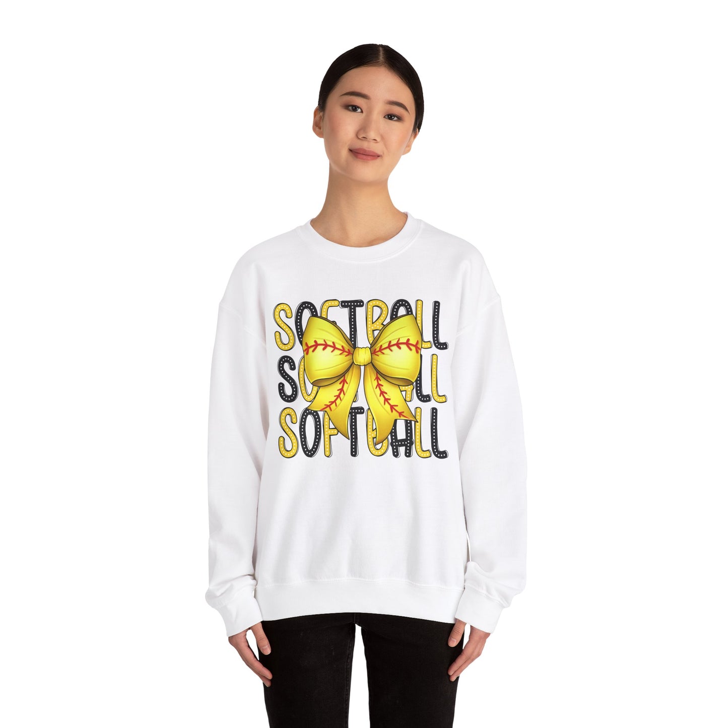 Stacked Softball Bow Heavy Blend™ Crewneck Sweatshirt