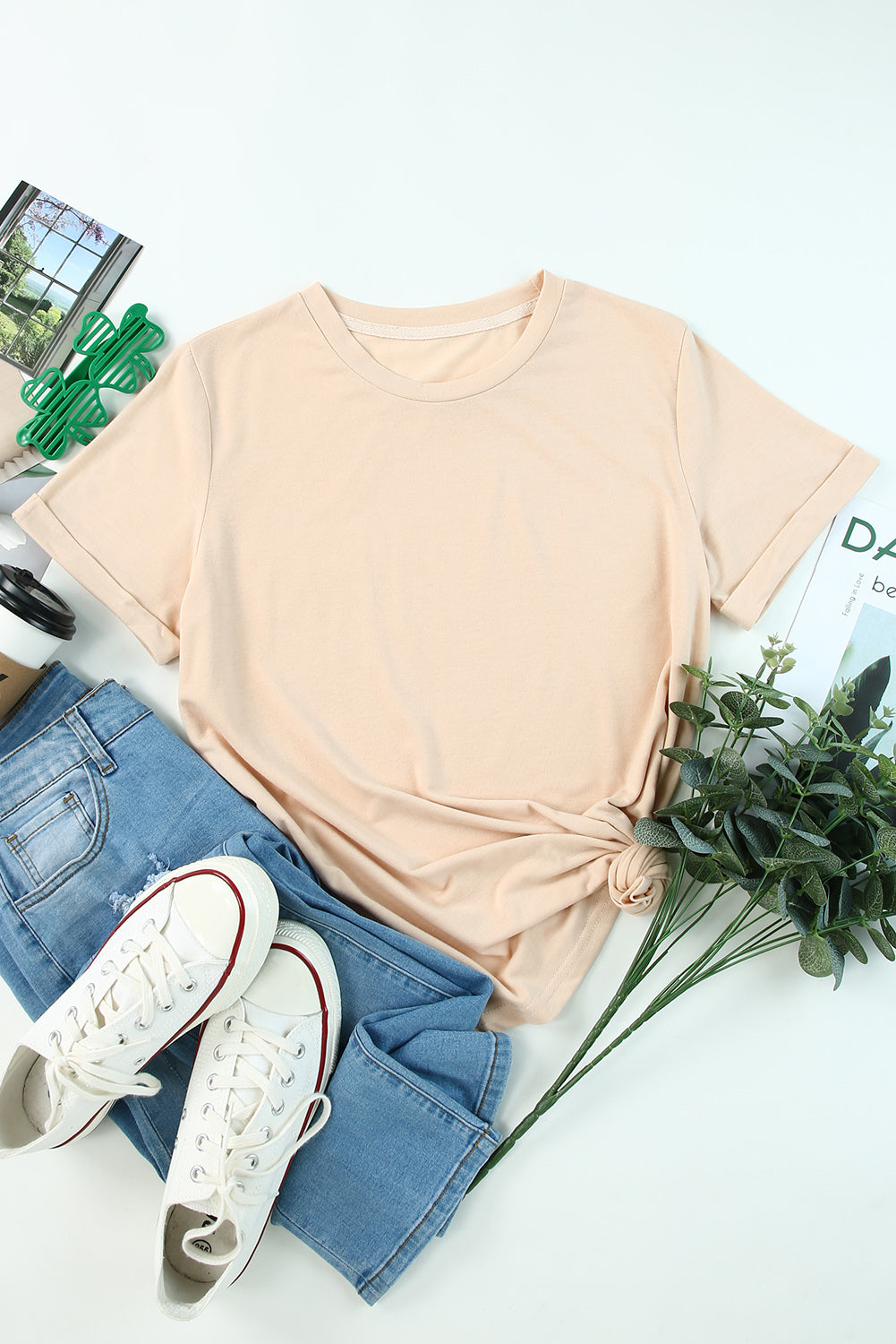 White Round Neck Rolled Sleeve Plus Size T-shirt