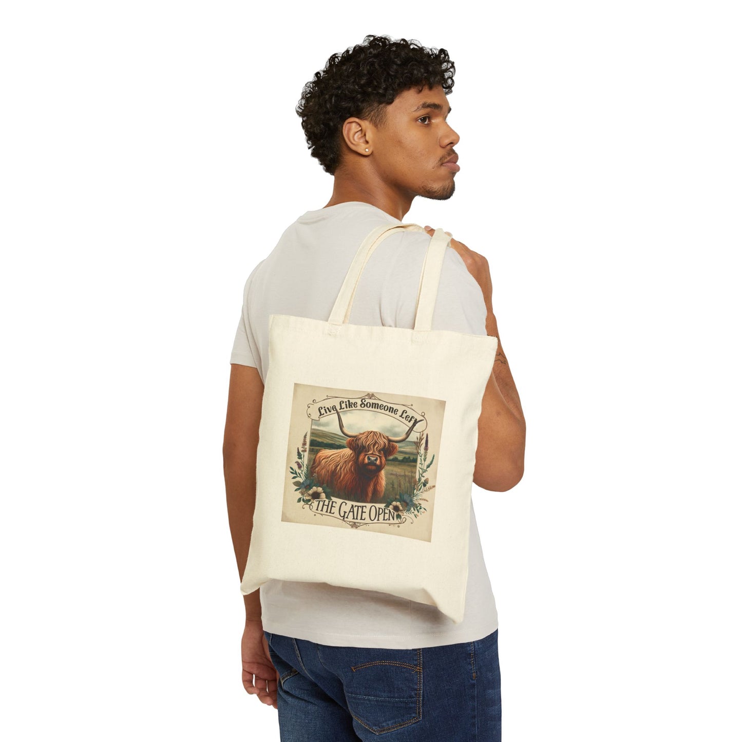 Highland Cow Gate Open Cotton Canvas Tote Bag