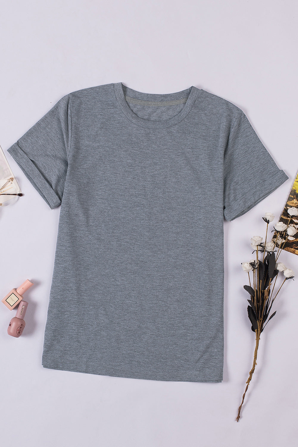 White Round Neck Rolled Sleeve Plus Size T-shirt