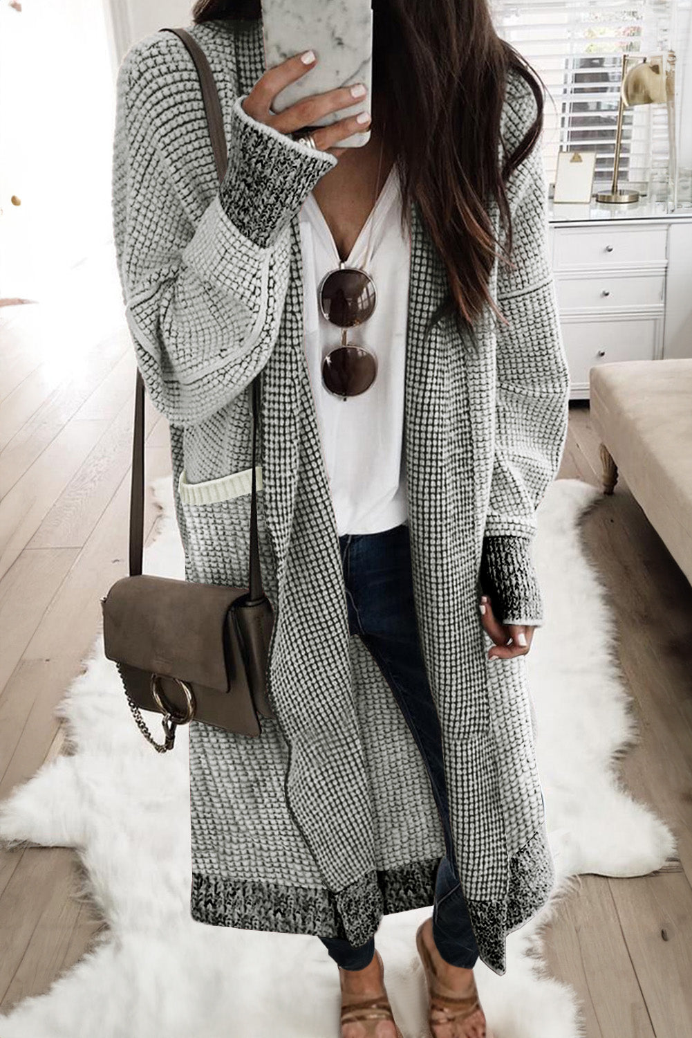 Apricot Chunky Waffle Knit Oversized Collar Cardigan