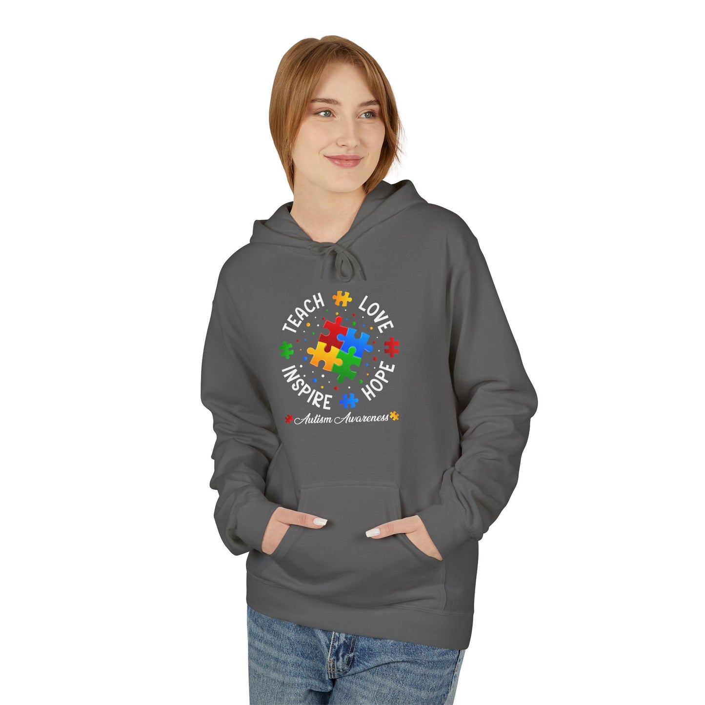 Teach Love Hope Inspire Autism Awareness Midweight Softstyle Fleece Hoodie