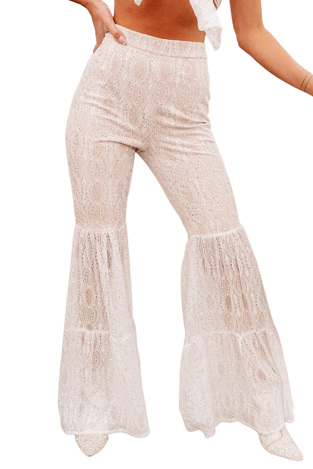 Sequined Lace Tiered High Waist Flare Pants