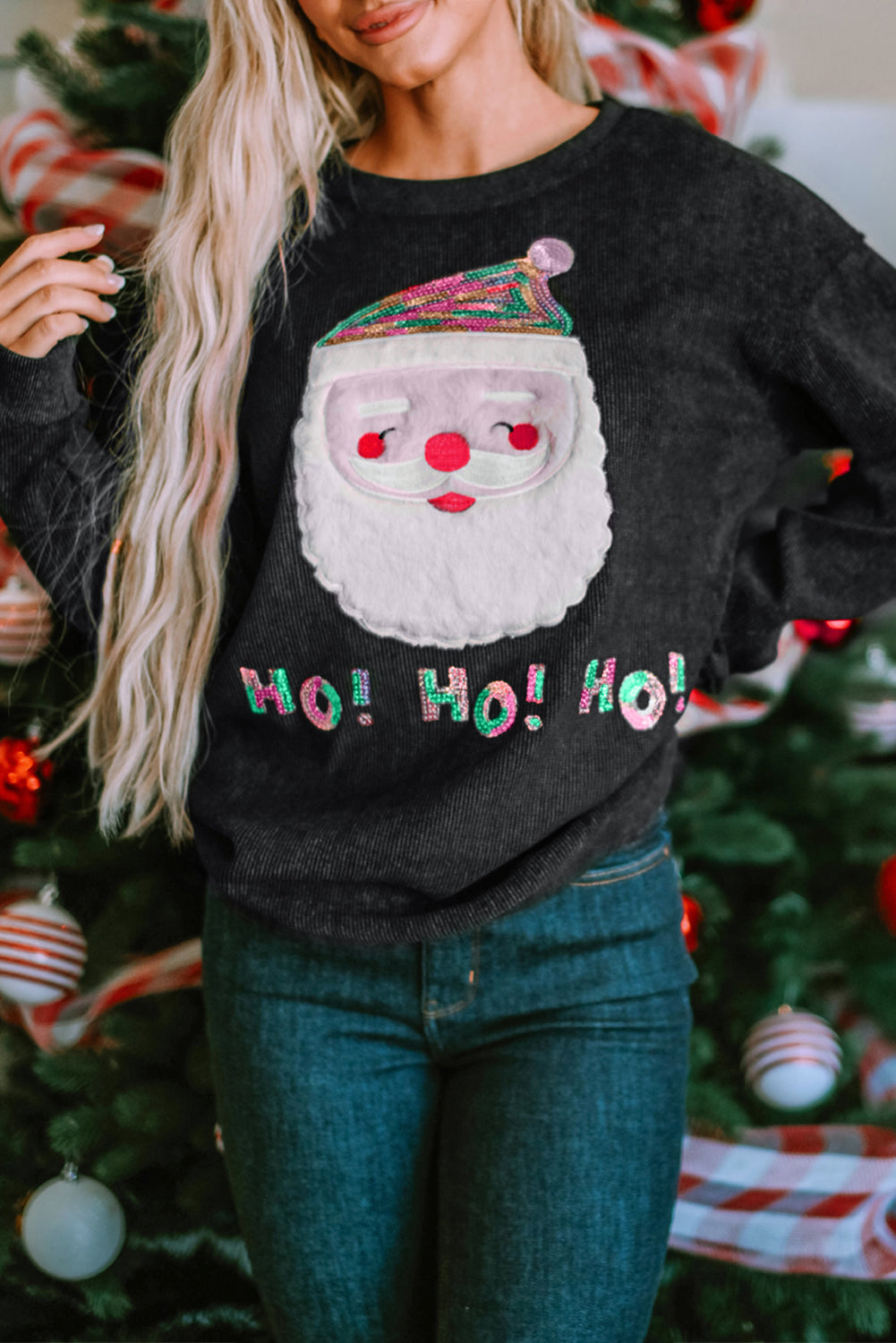 Black Plus Size Corded Round Neck Sweatshirt