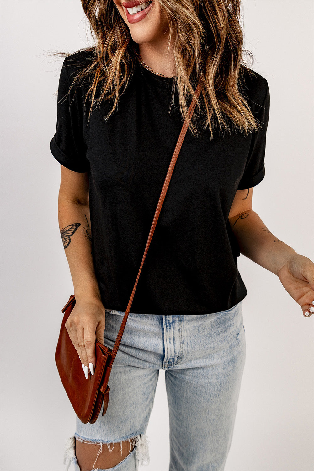 White Round Neck Rolled Sleeve Plus Size T-shirt