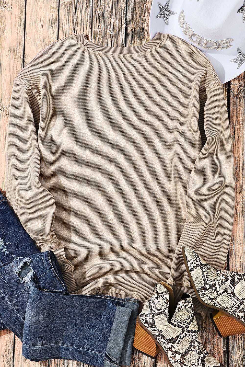 Black Plus Size Corded Round Neck Sweatshirt