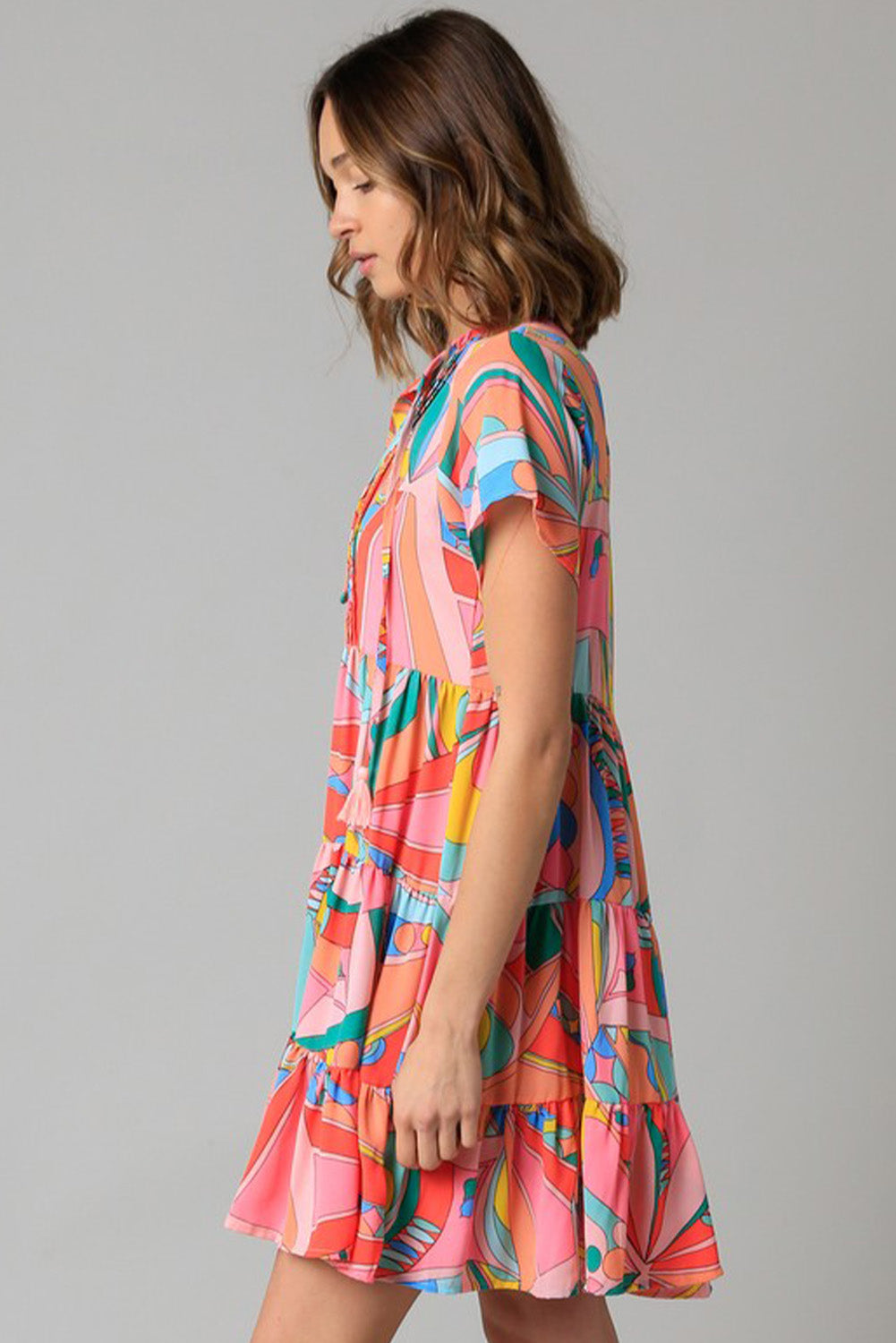 Multicolor Geometric Abstract Print Long Sleeve Shirt Dress