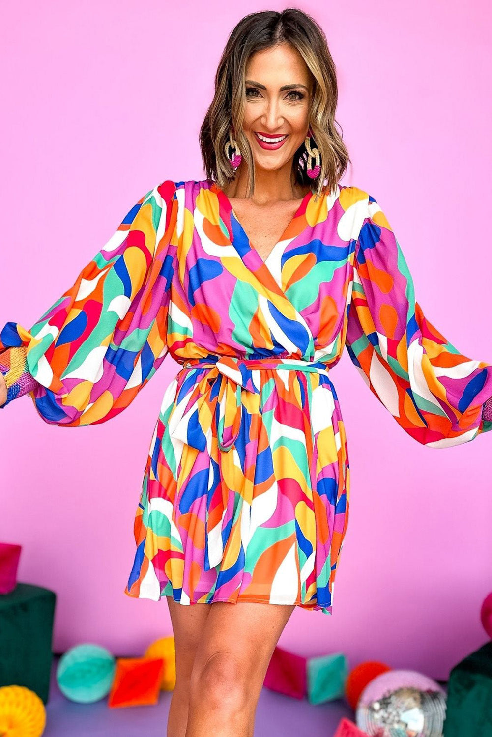 Multicolor Plus Size Abstract Print Oversized Sleeve Belted Dress