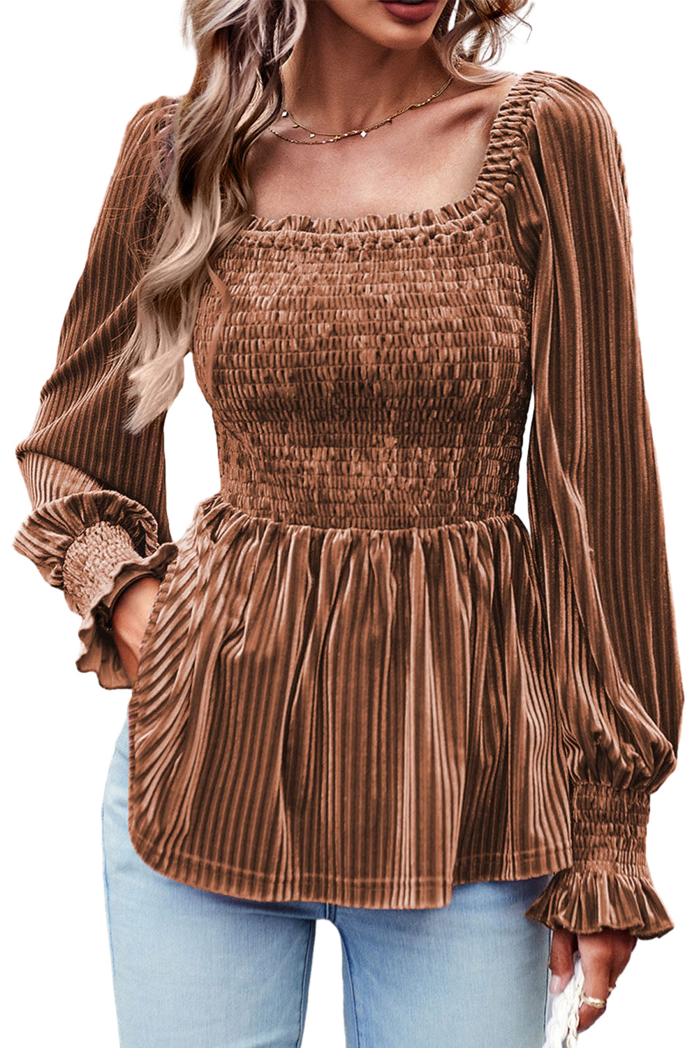 Chestnut Half Zip V Neck Ribbed Velvet Top
