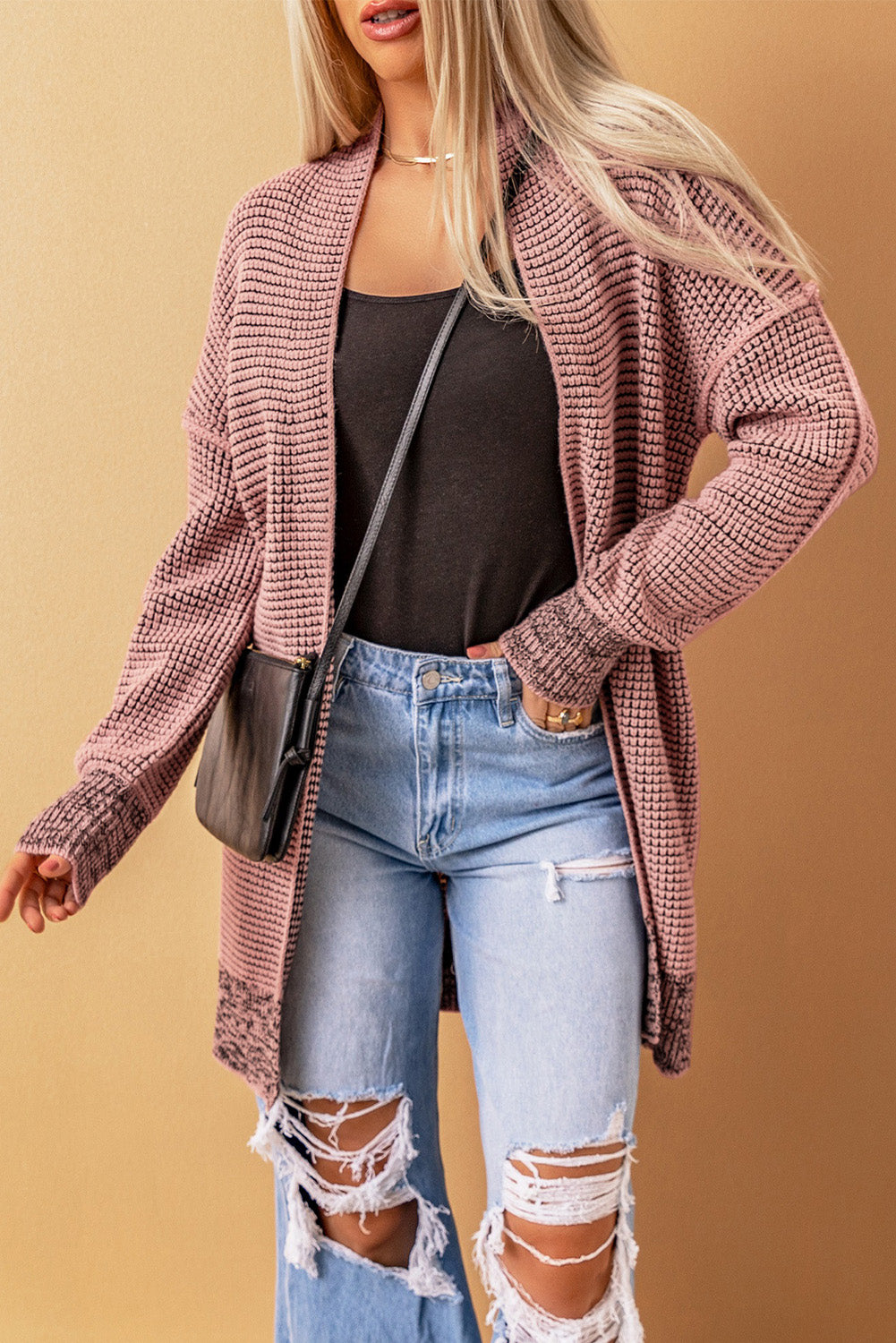 Apricot Chunky Waffle Knit Oversized Collar Cardigan