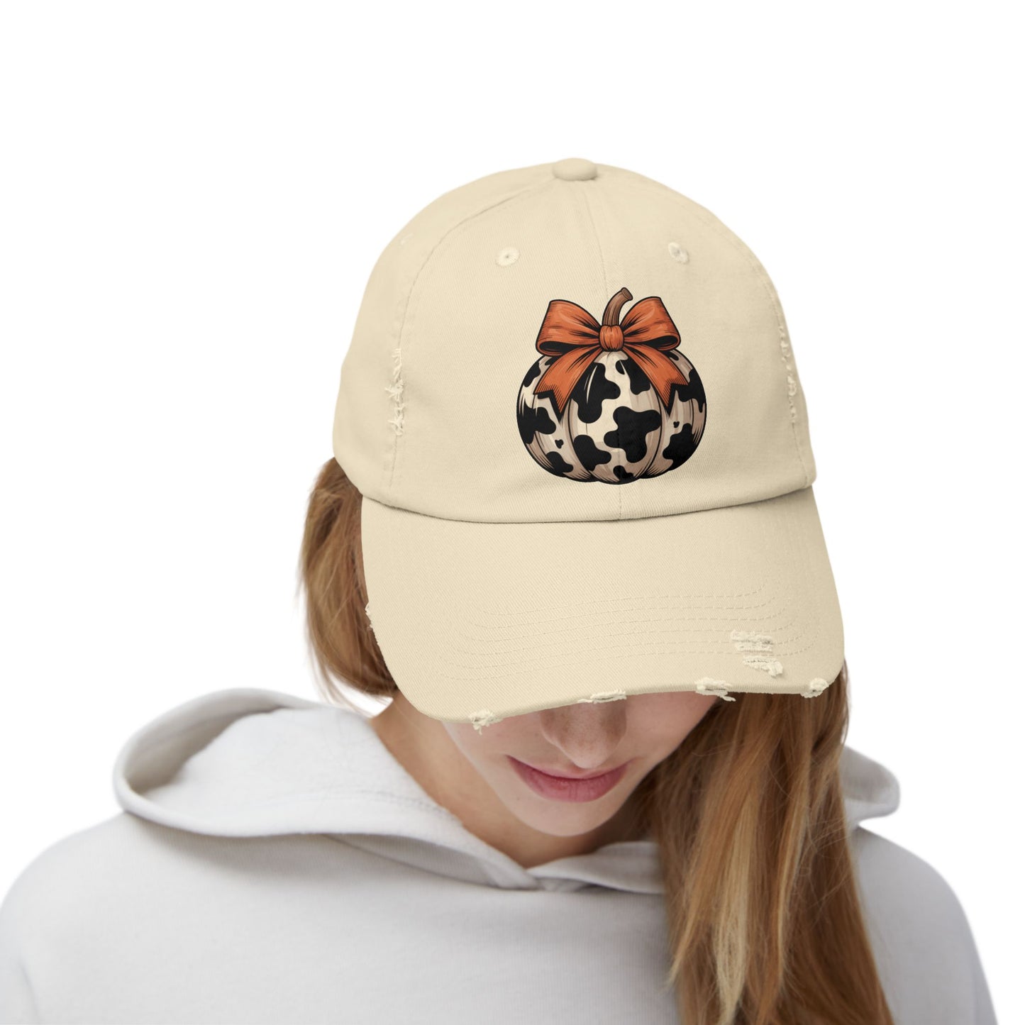 Fall Cow Print Pumpkin Distressed Cap