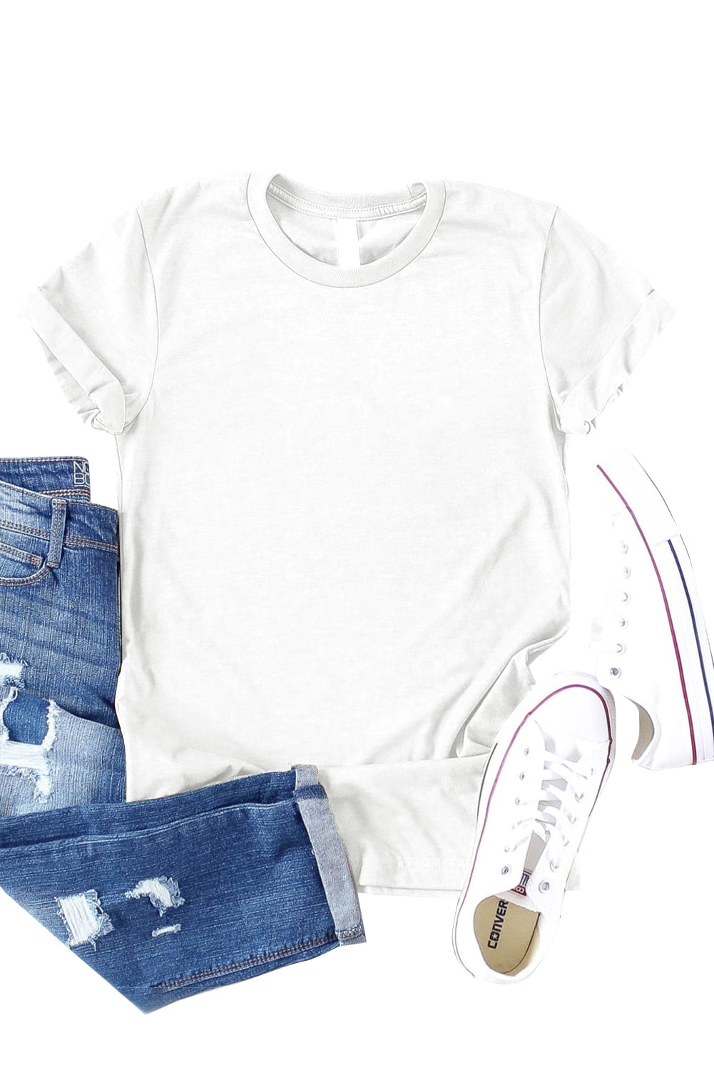 White Round Neck Rolled Sleeve Plus Size T-shirt