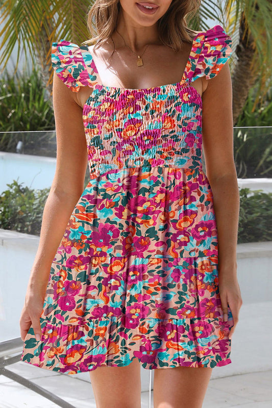 Multicolor Ruffled Shirred Sleeveless High Rise Floral Mini Dress