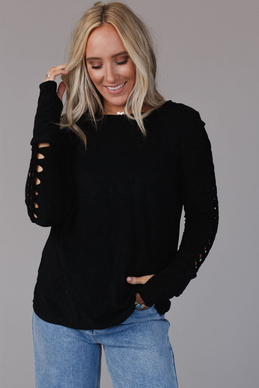 Braid Hollow-out Sleeves Knit Top