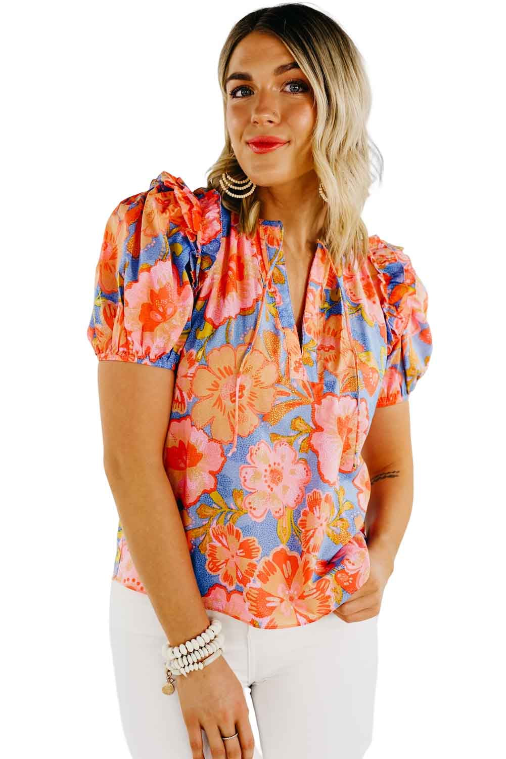 Multicolor Floral Bubble Sleeve V-Neck Plus Size Blouse