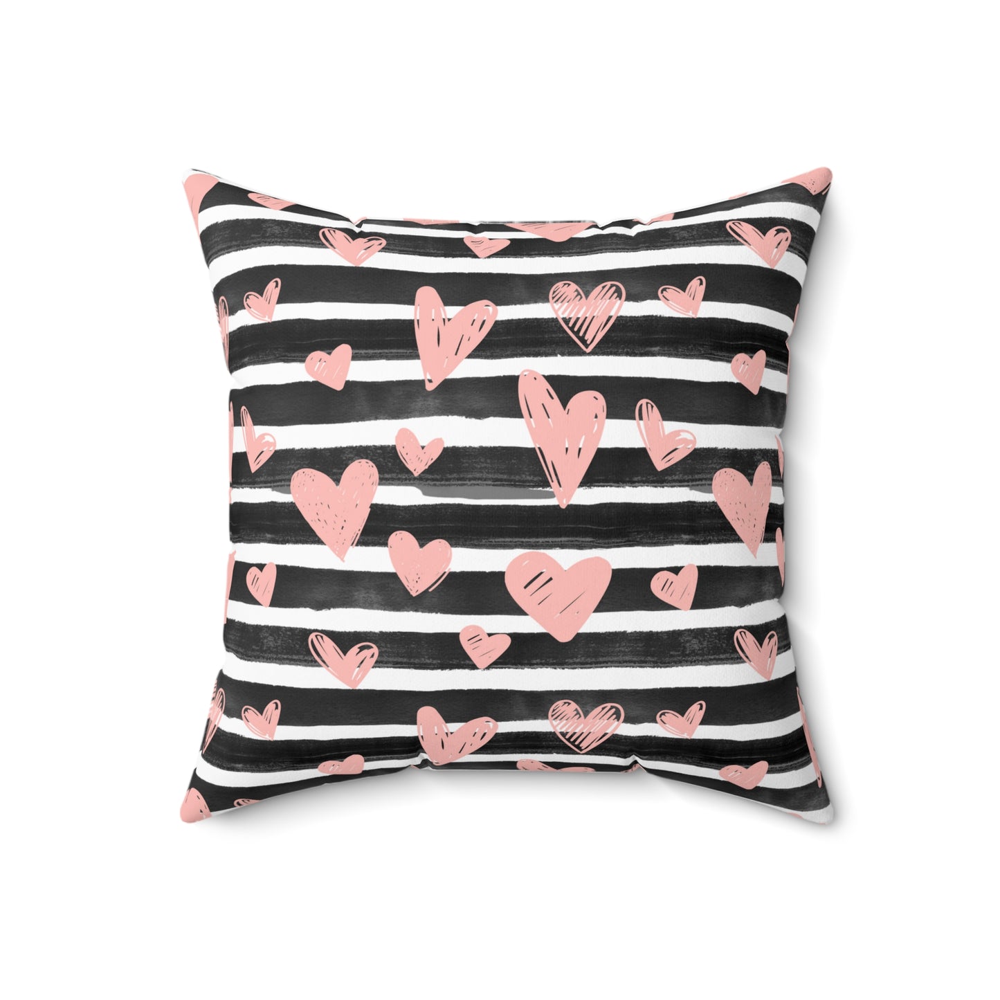 Black Striped with Pink Hearts Spun Polyester Square Pillow