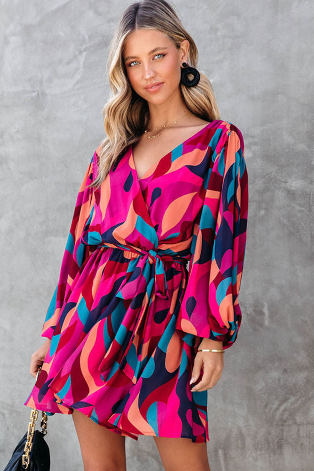 Multicolor Plus Size Abstract Print Oversized Sleeve Belted Dress