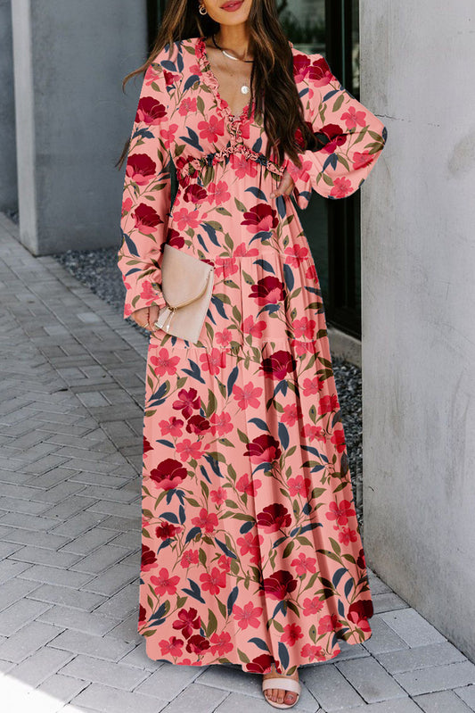 Violet V Neck Floral Print Empire Waist Maxi Dress