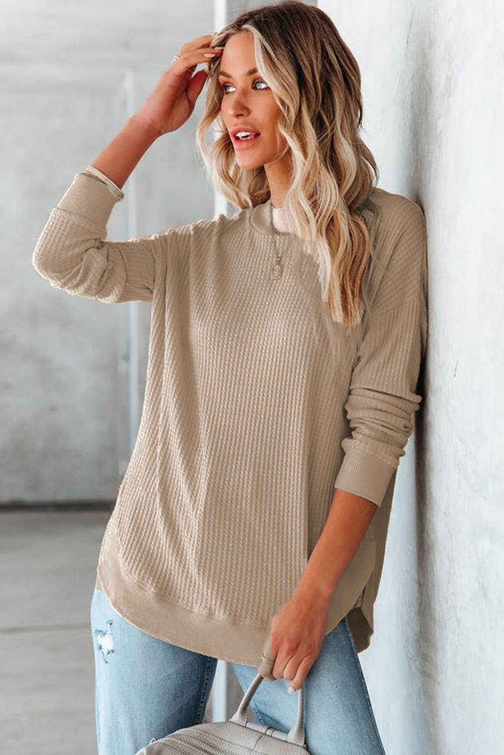 Waffle Knit Crew Neck Casual Long Sleeve Top