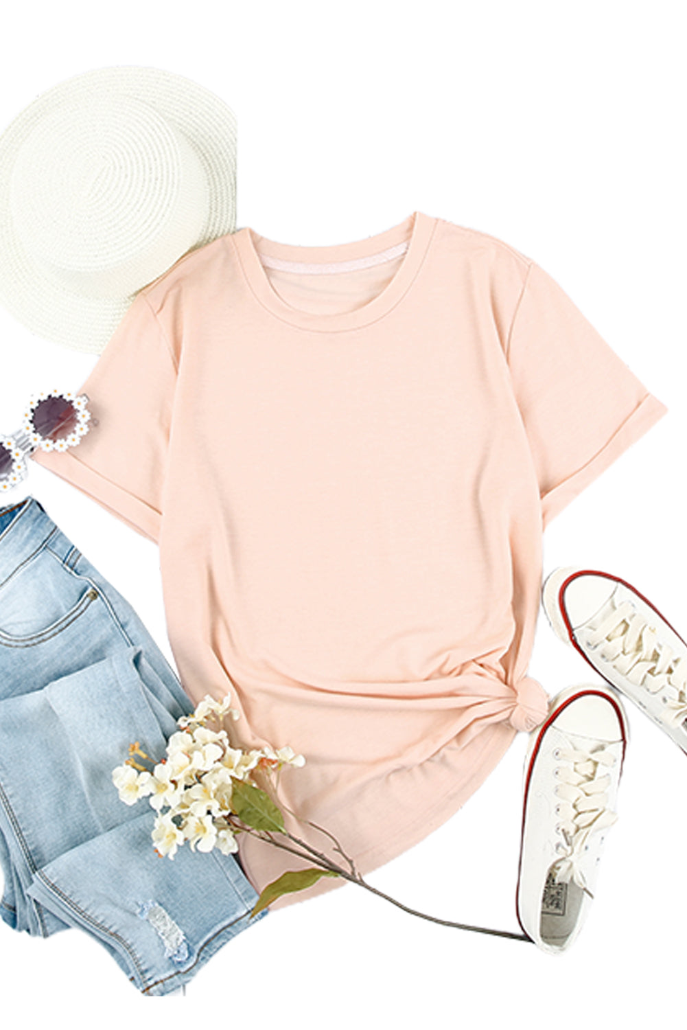 White Round Neck Rolled Sleeve Plus Size T-shirt