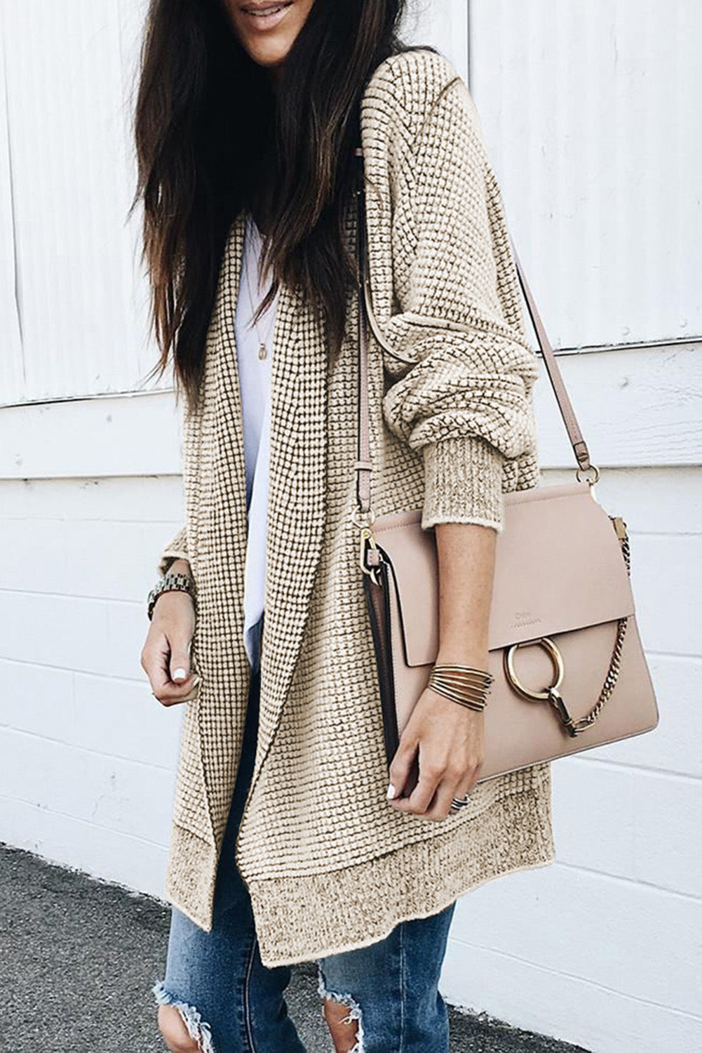 Black Plaid Knitted Long Open Front Cardigan