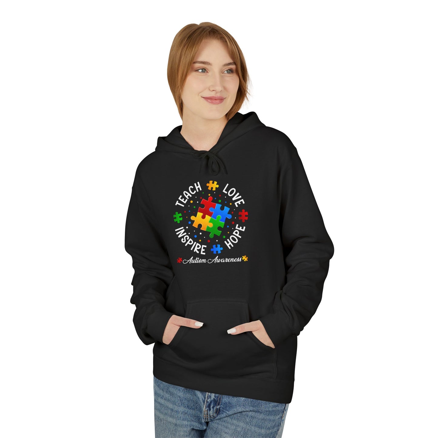 Teach Love Hope Inspire Autism Awareness Midweight Softstyle Fleece Hoodie