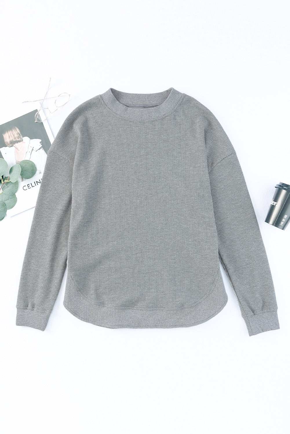 Waffle Knit Crew Neck Casual Long Sleeve Top