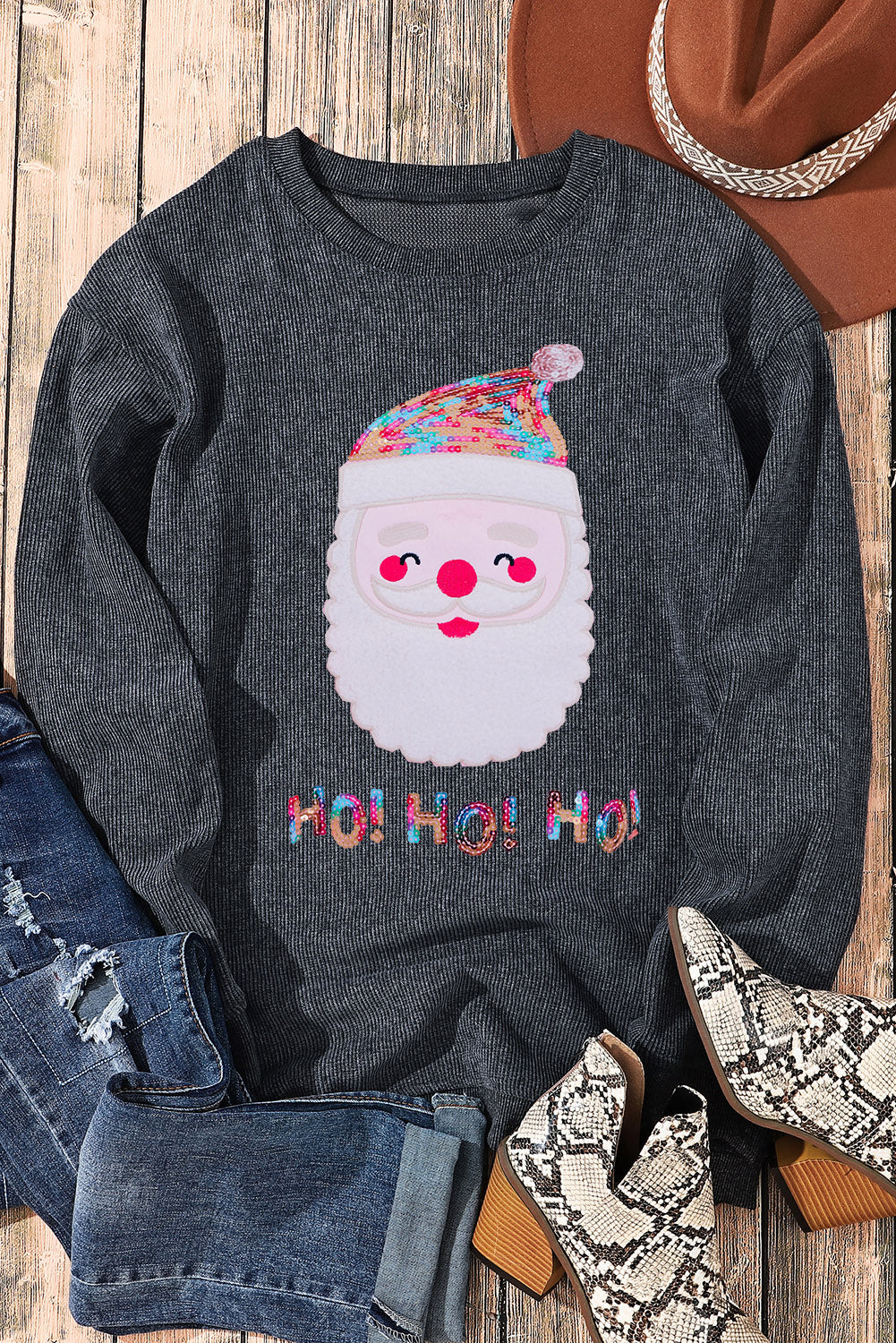 Black Plus Size Corded Round Neck Sweatshirt