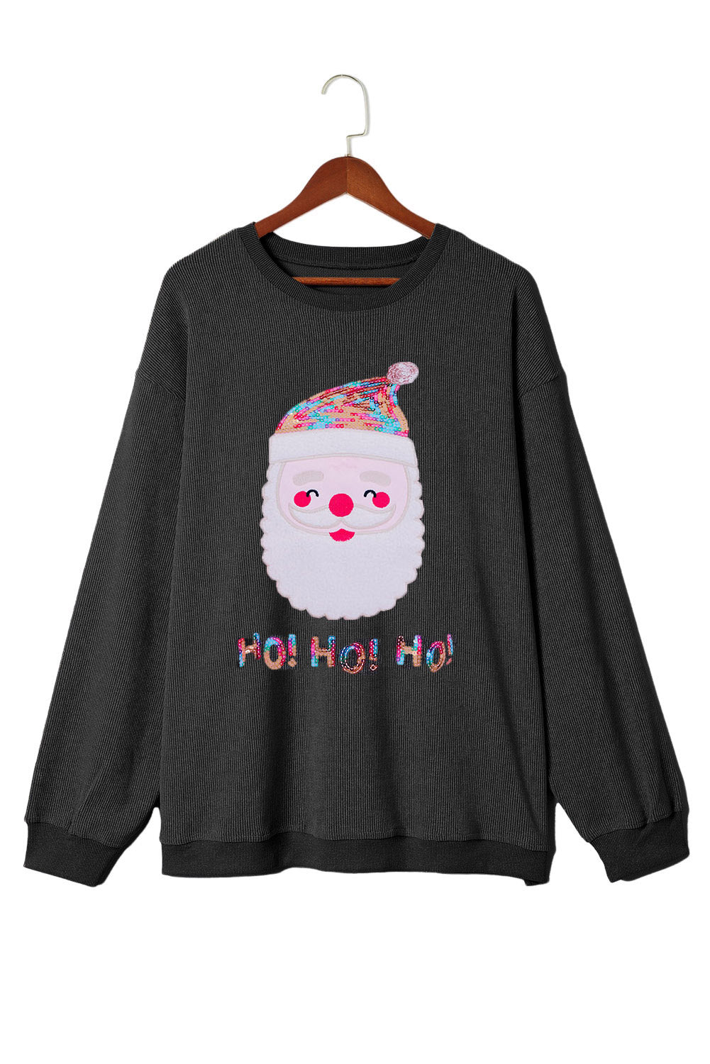 Black Plus Size Corded Round Neck Sweatshirt