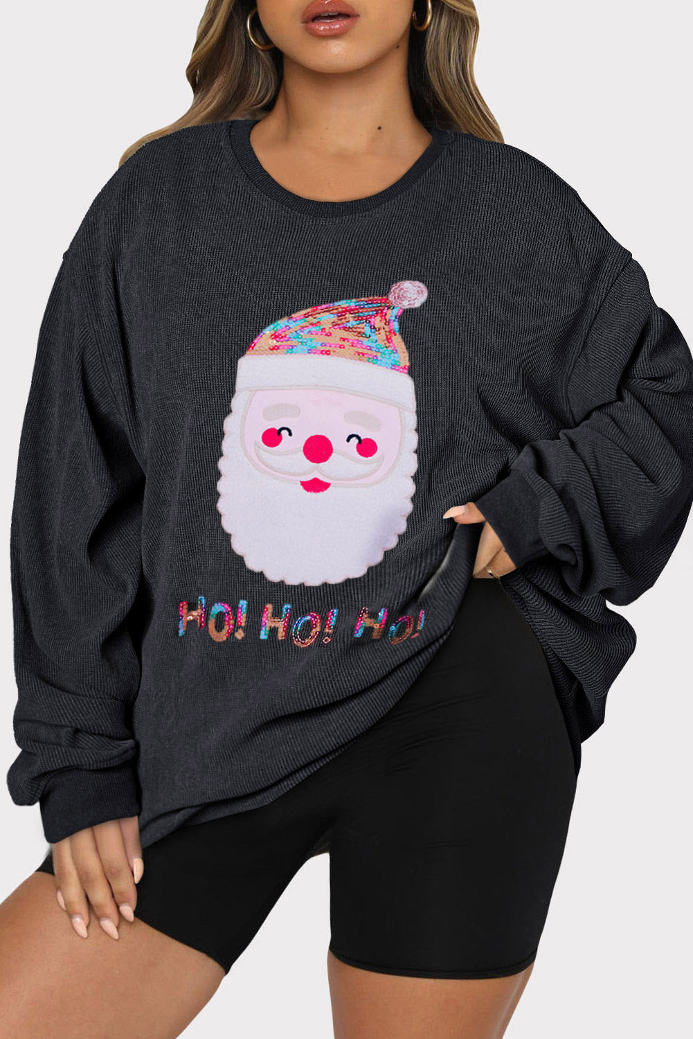 Black Plus Size Corded Round Neck Sweatshirt