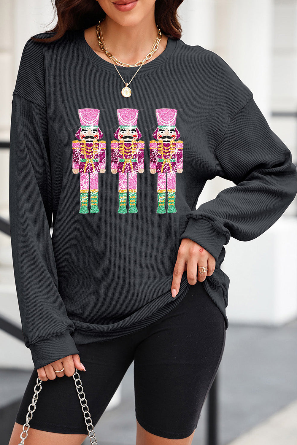 Black Plus Size Corded Round Neck Sweatshirt