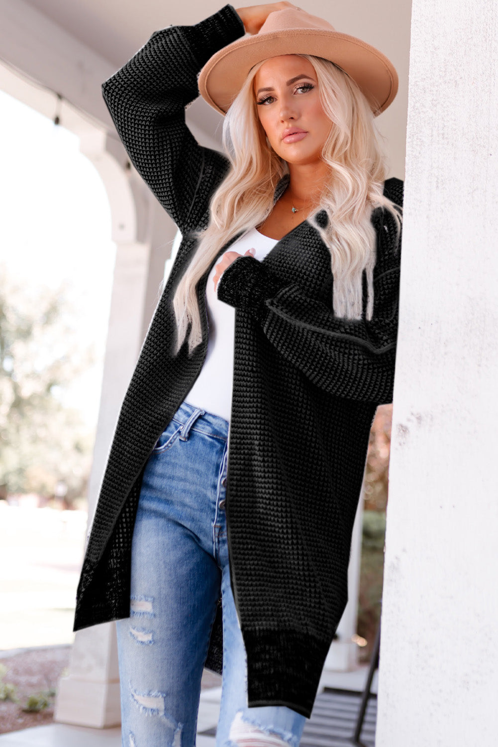 Apricot Chunky Waffle Knit Oversized Collar Cardigan