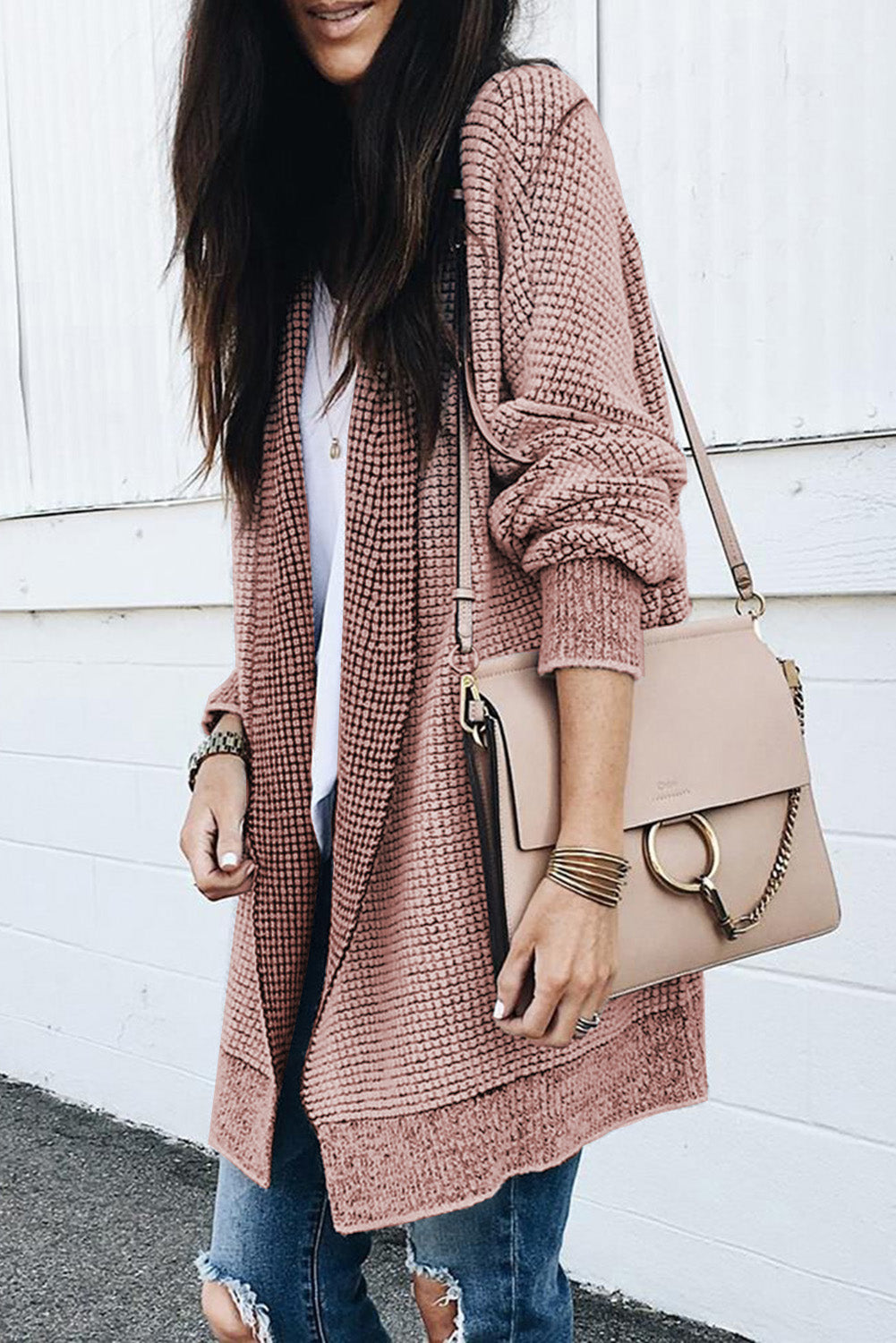 Apricot Chunky Waffle Knit Oversized Collar Cardigan