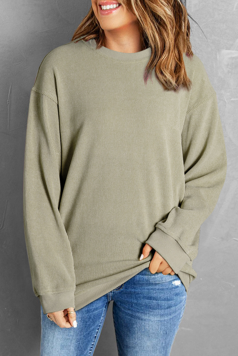 Black Plus Size Corded Round Neck Sweatshirt