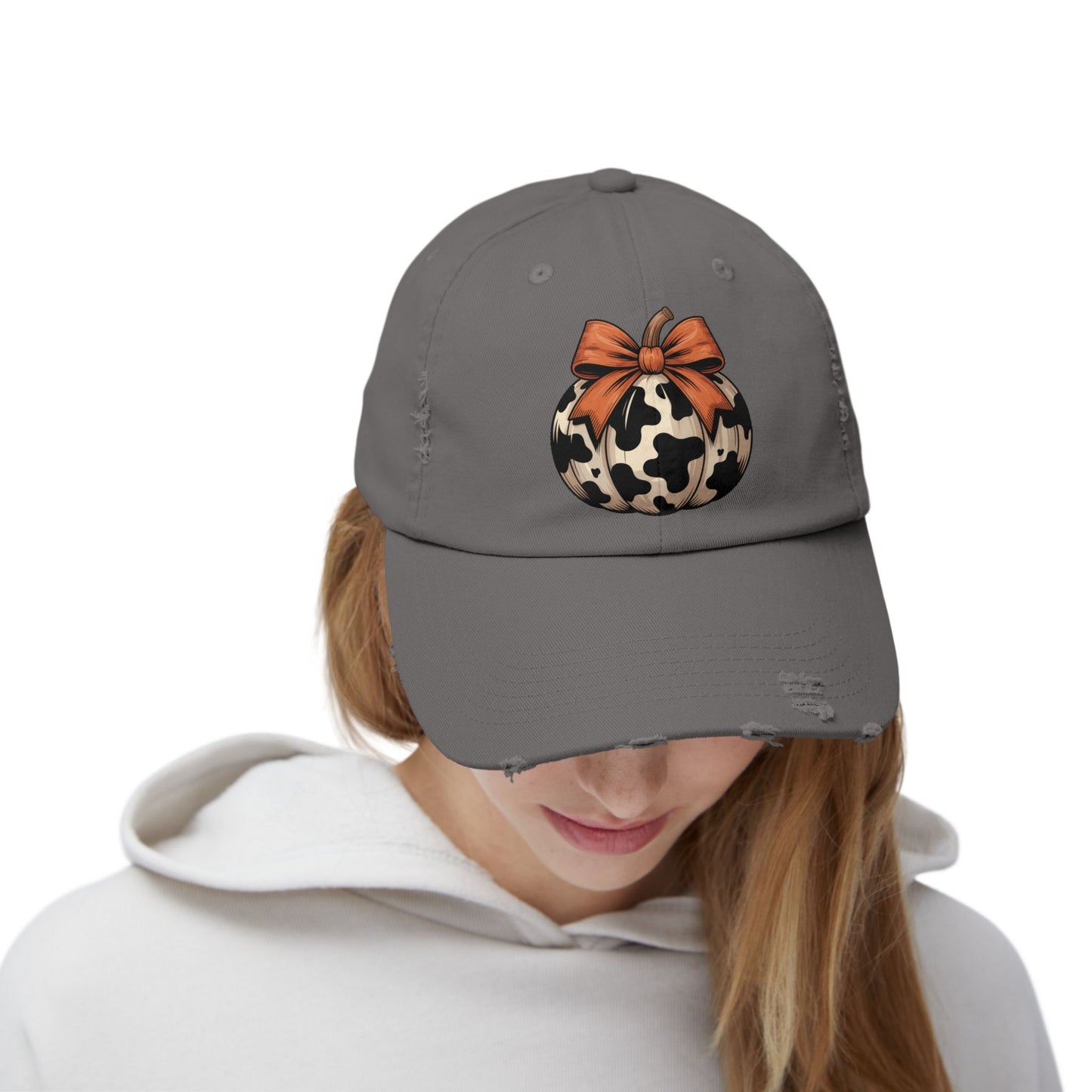 Fall Cow Print Pumpkin Distressed Cap