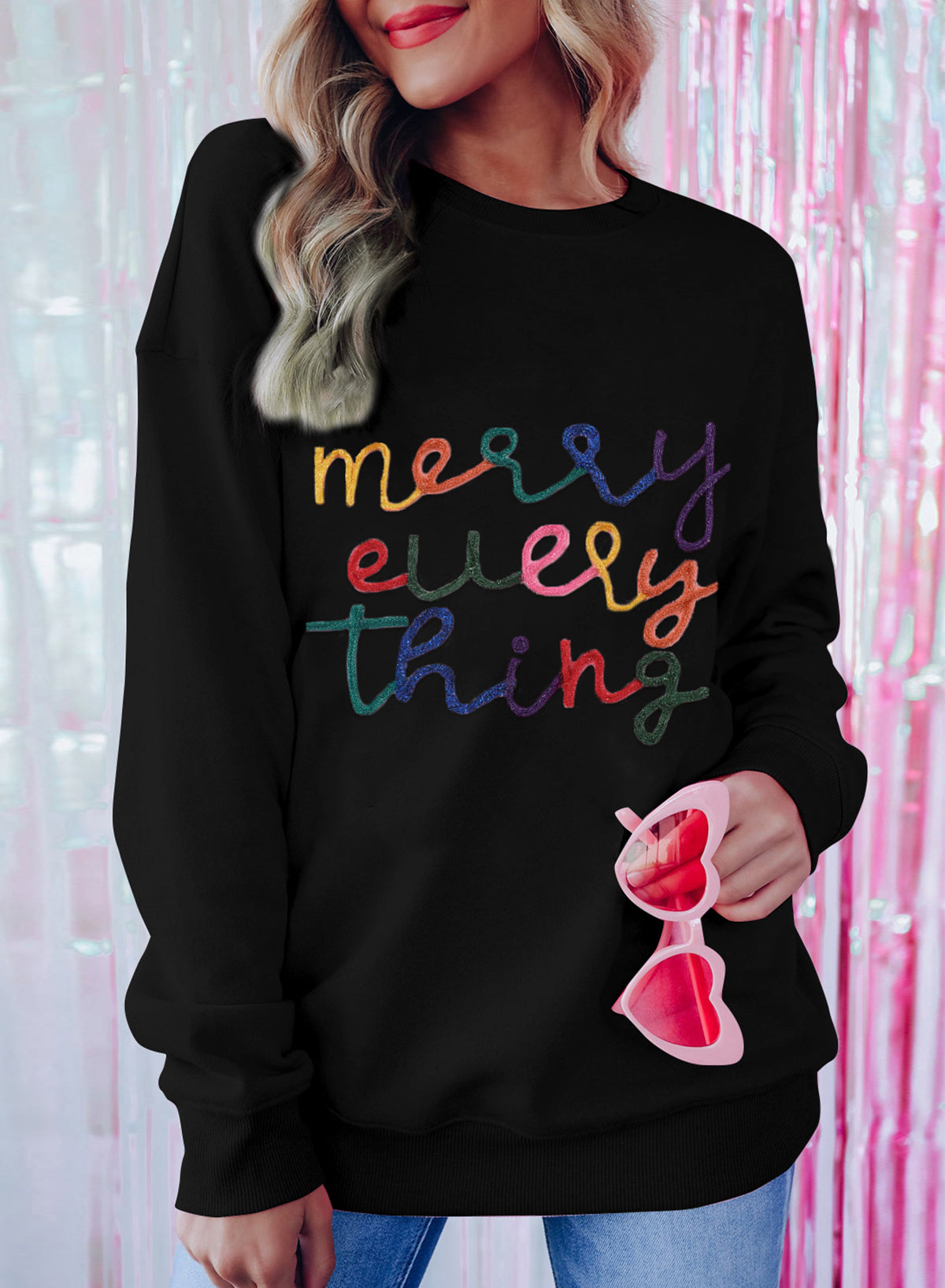 Black XOXO Glitter Print Round Neck Casual Sweater