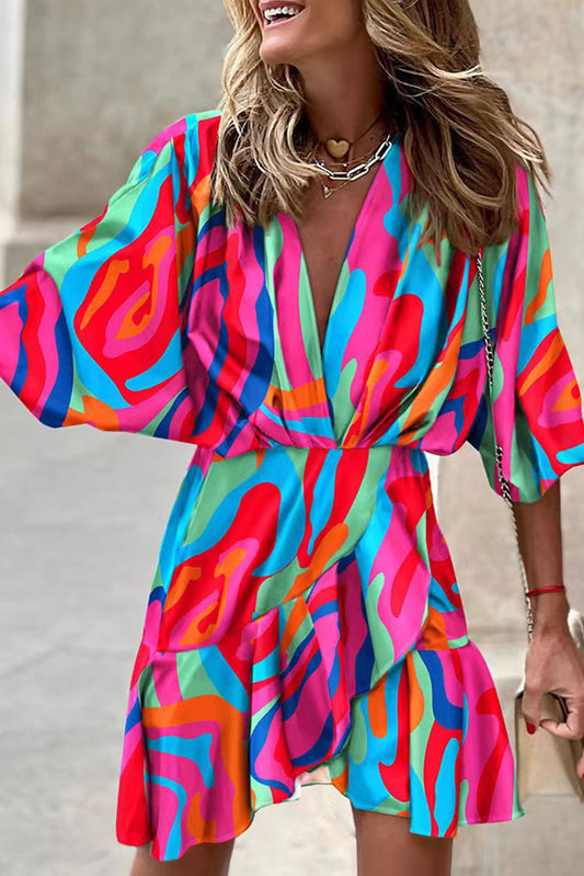 Multicolor Abstract/Zebra Printed V Neck Dolman Sleeve Ruffle Wrap Dress