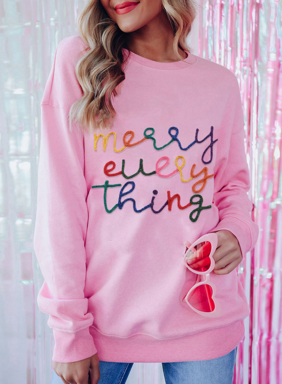 Black XOXO Glitter Print Round Neck Casual Sweater