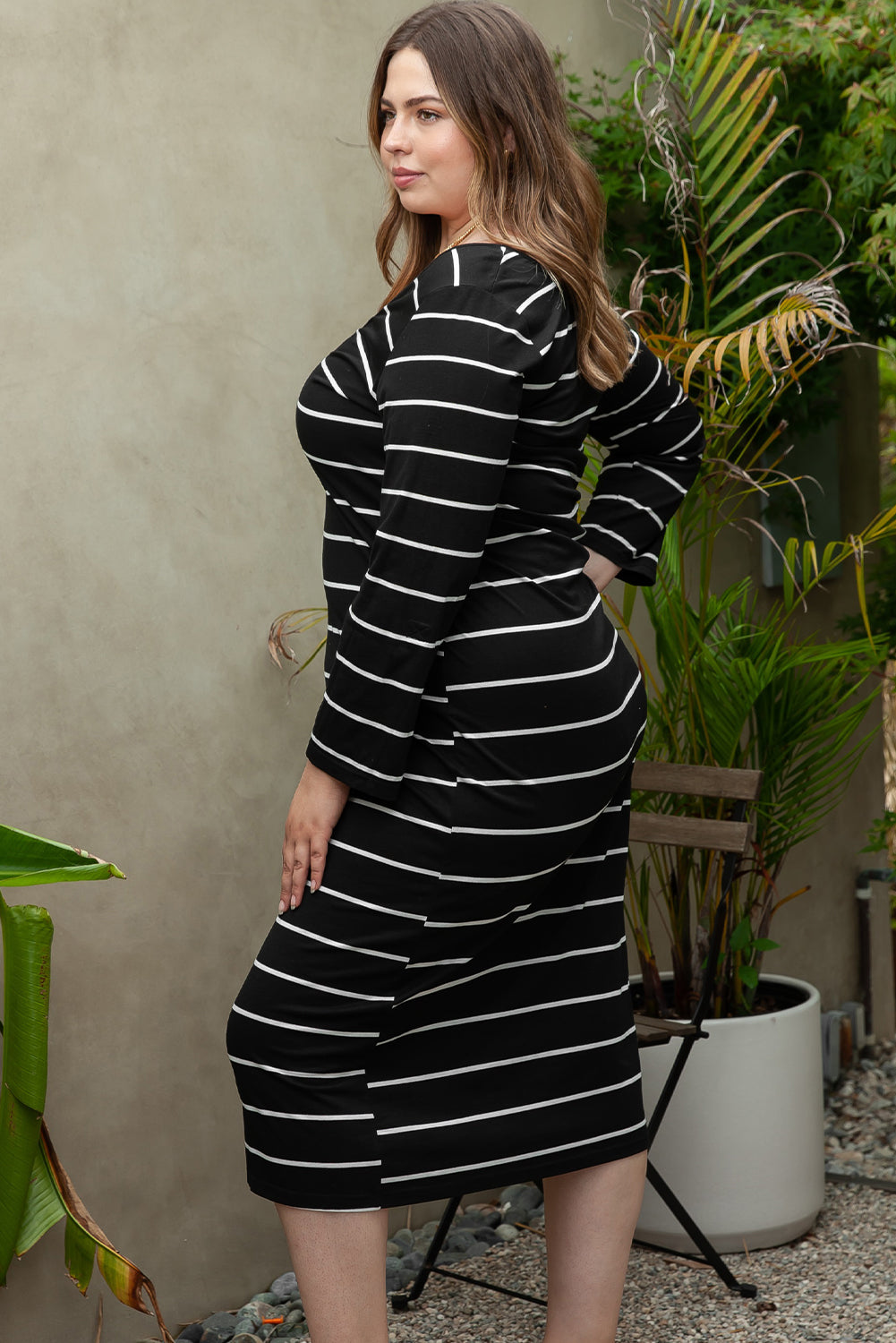 Black Striped Casual Slit Long Dress