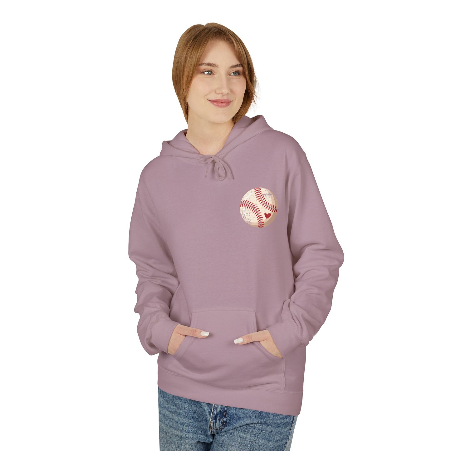 Distressed Baseball Heart Pocket Midweight Softstyle Fleece Hoodie