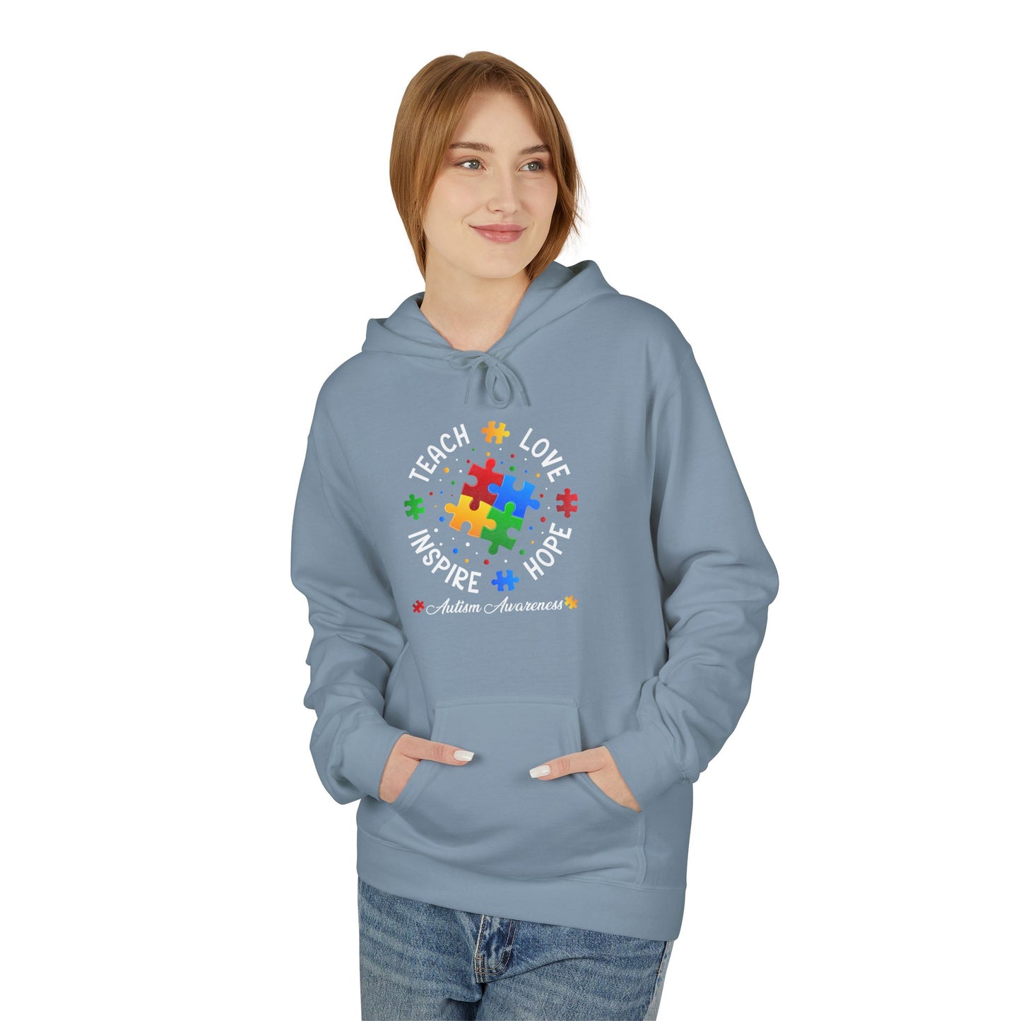 Teach Love Hope Inspire Autism Awareness Midweight Softstyle Fleece Hoodie