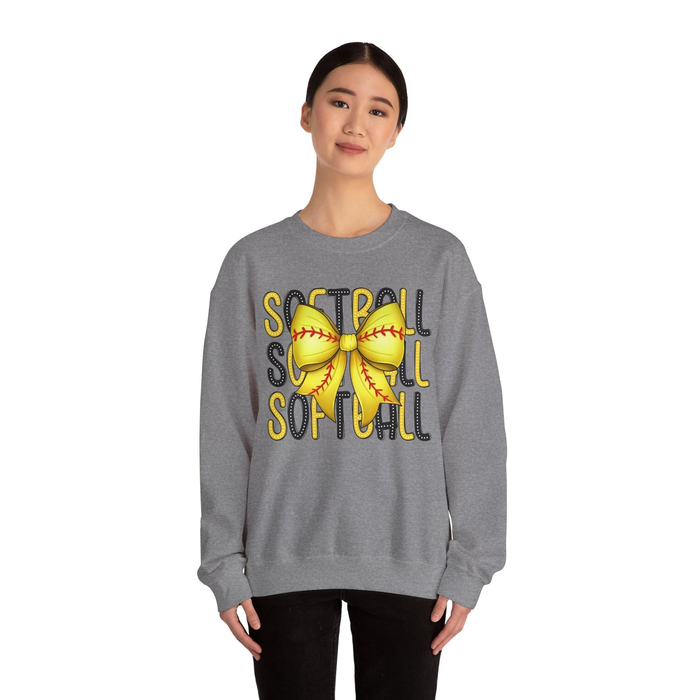 Stacked Softball Bow Heavy Blend™ Crewneck Sweatshirt