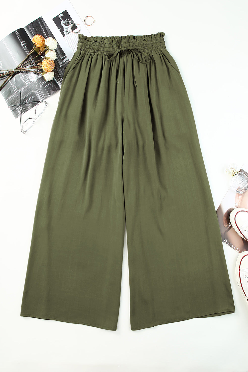 Beige Drawstring Smocked High Waist Wide Leg Pants