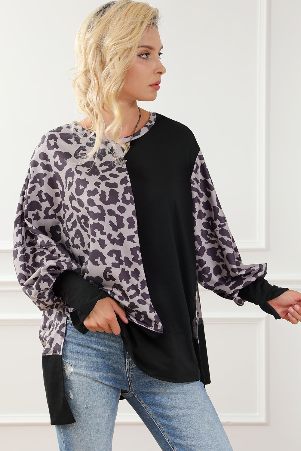 Leopard Print Drop Shoulder Slit Oversized Sweatshirt
