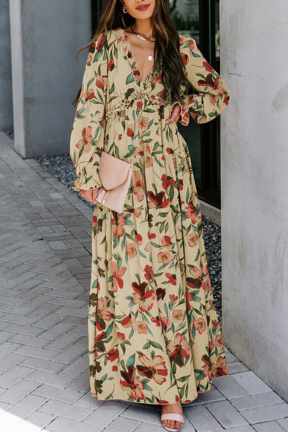 Violet V Neck Floral Print Empire Waist Maxi Dress