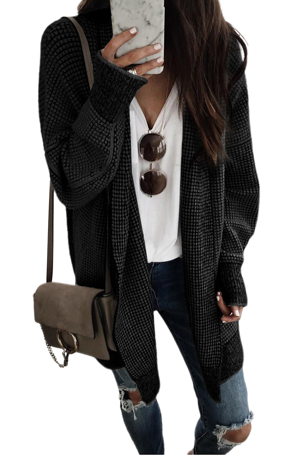 Apricot Chunky Waffle Knit Oversized Collar Cardigan